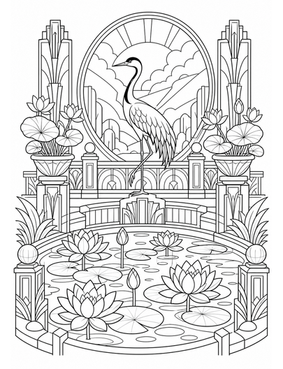 Art Deco Crane Terrace With Lotus Pool printable coloring page from the adult coloring pages collection