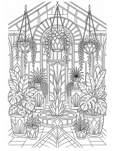 Art Deco Greenhouse With Hanging Planters printable coloring page from the adult coloring pages collection
