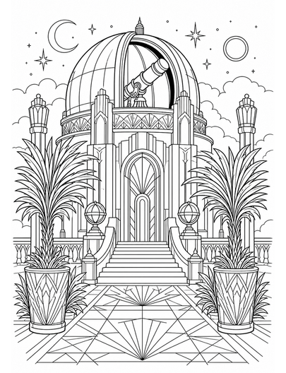Art Deco Observatory With Potted Palms printable coloring page from the adult coloring pages collection