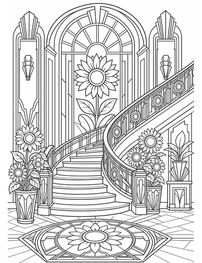 Art Deco Sunflower Atrium Staircase printable coloring page from the adult coloring pages collection