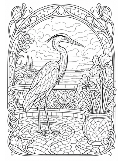 Art Nouveau Heron Mosaic Terrace printable coloring page from the adult coloring pages collection