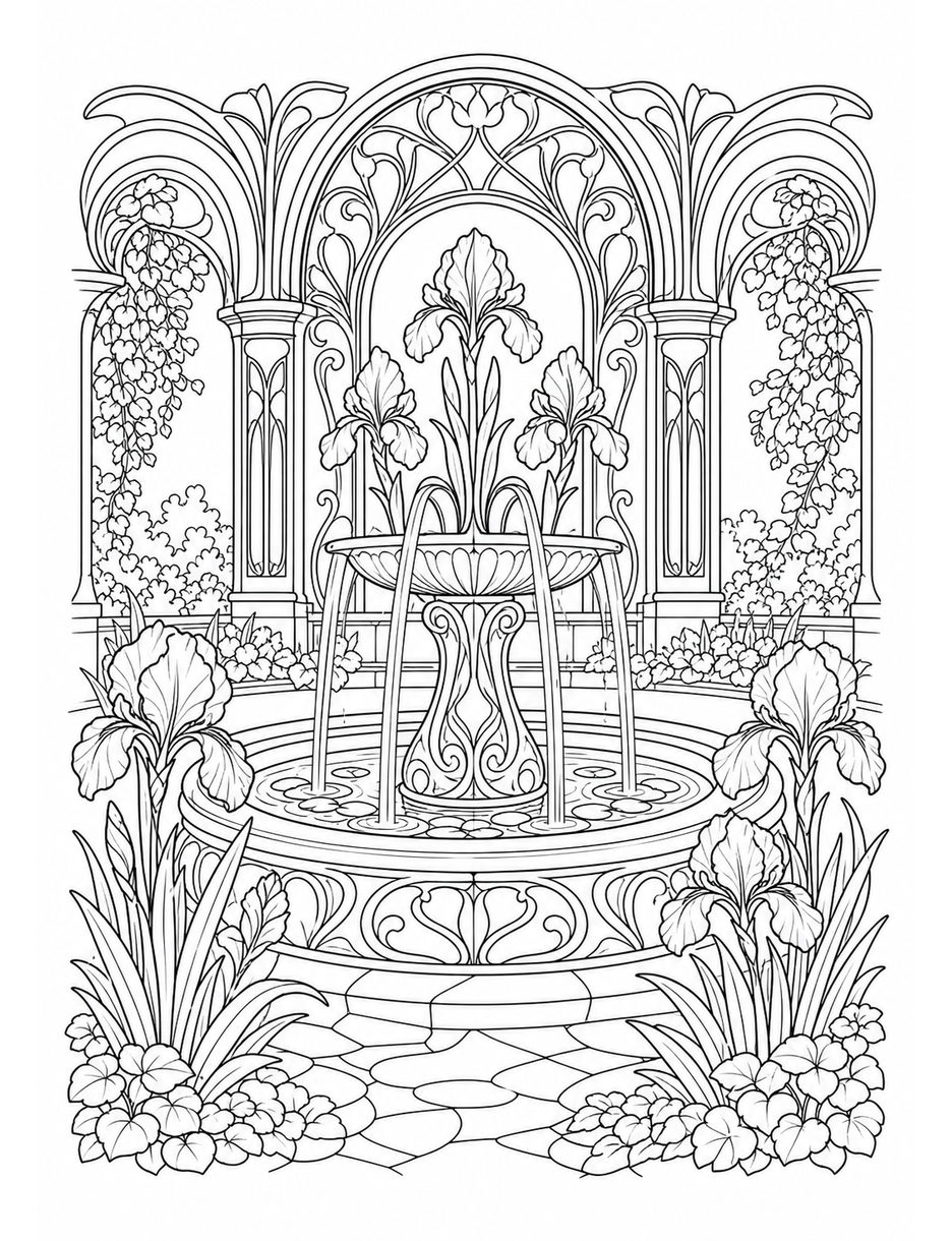 Art Nouveau Iris Fountain Courtyard printable coloring page from the adult coloring pages collection