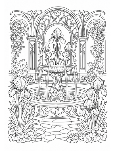 Art Nouveau Iris Fountain Courtyard printable coloring page from the adult coloring pages collection