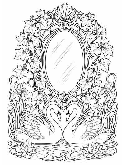 Art Nouveau Mirror With Ivy Swans printable coloring page from the adult coloring pages collection