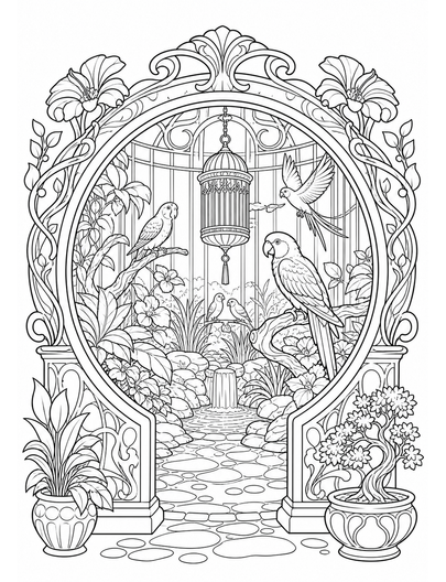 Art Nouveau Moon Gate Aviary printable coloring page from the adult coloring pages collection