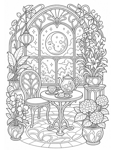 Art Nouveau Moonlit Tea Conservatory printable coloring page from the adult coloring pages collection