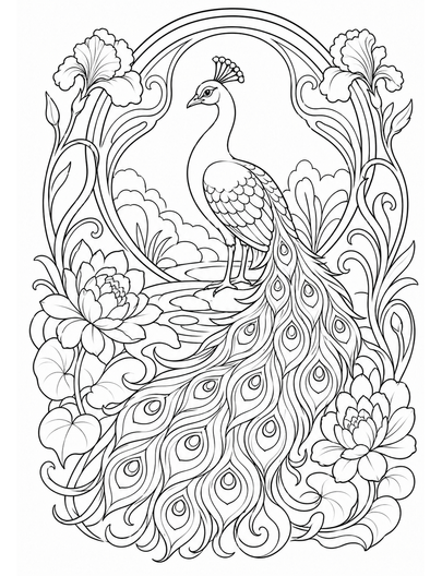 Art Nouveau Peacock Garden printable coloring page from the adult coloring pages collection