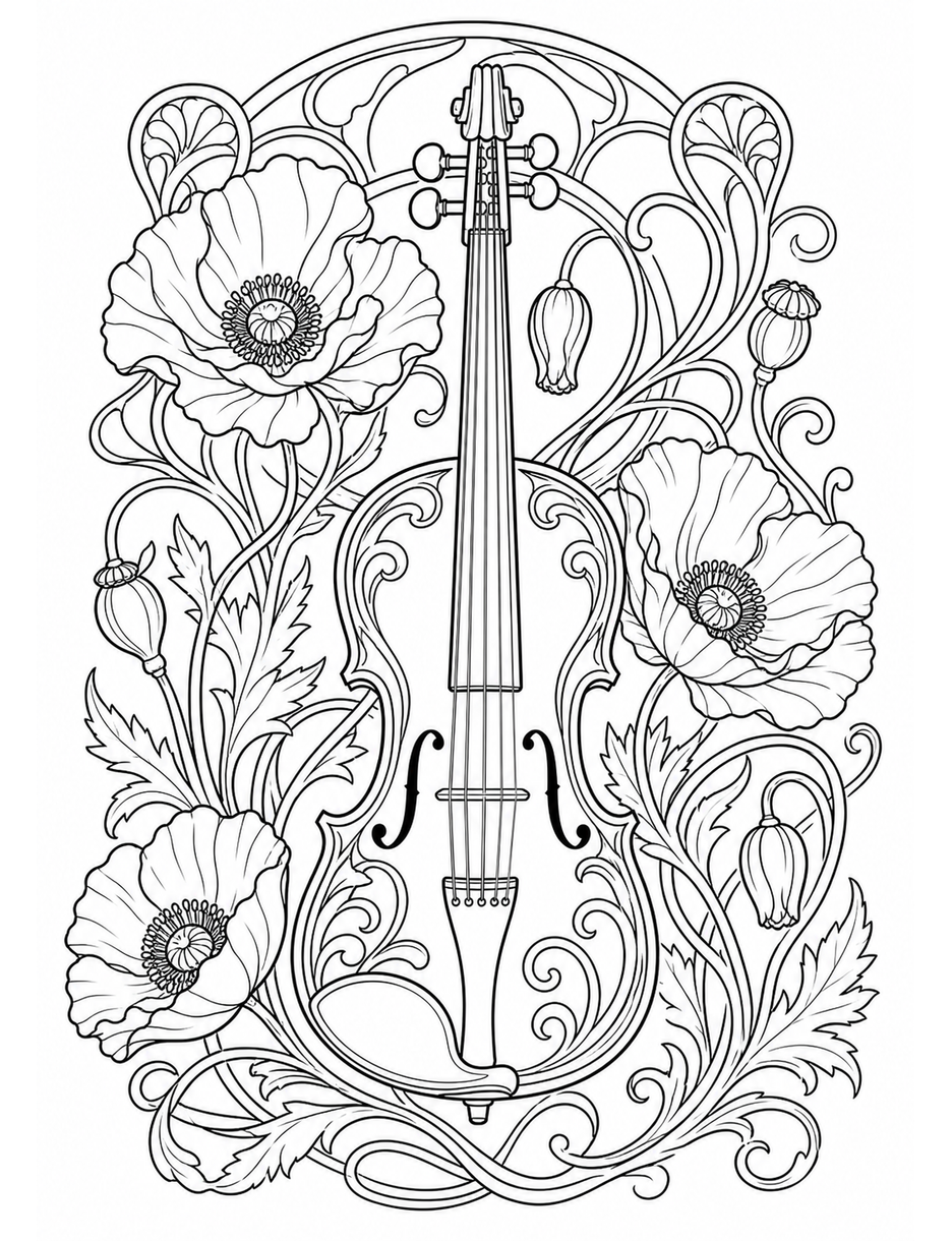 Art Nouveau Violin With Poppy Vines printable coloring page from the adult coloring pages collection