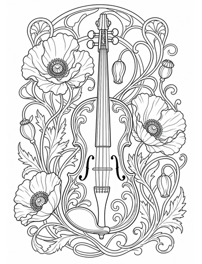 Art Nouveau Violin With Poppy Vines printable coloring page from the adult coloring pages collection
