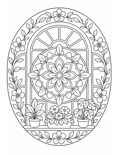 Botanical Window Mandala printable coloring page from the adult coloring pages collection