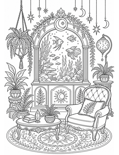 Celestial Fern Parlor With Arched Aquarium printable coloring page from the adult coloring pages collection