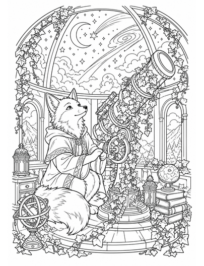 Celestial Fox Observatory With Ivy Telescope printable coloring page from the adult coloring pages collection