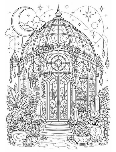 Celestial Greenhouse With Hanging Crystals printable coloring page from the adult coloring pages collection