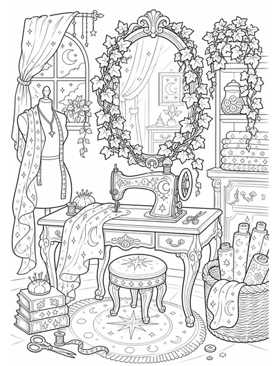 Celestial Sewing Room With Ivy Mirror printable coloring page from the adult coloring pages collection