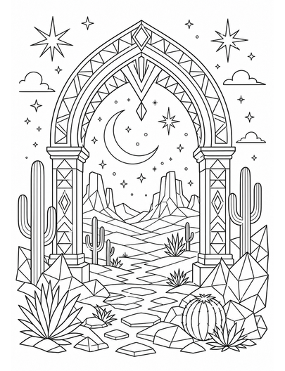 Geometric Desert Arch With Night Sky printable coloring page from the adult coloring pages collection