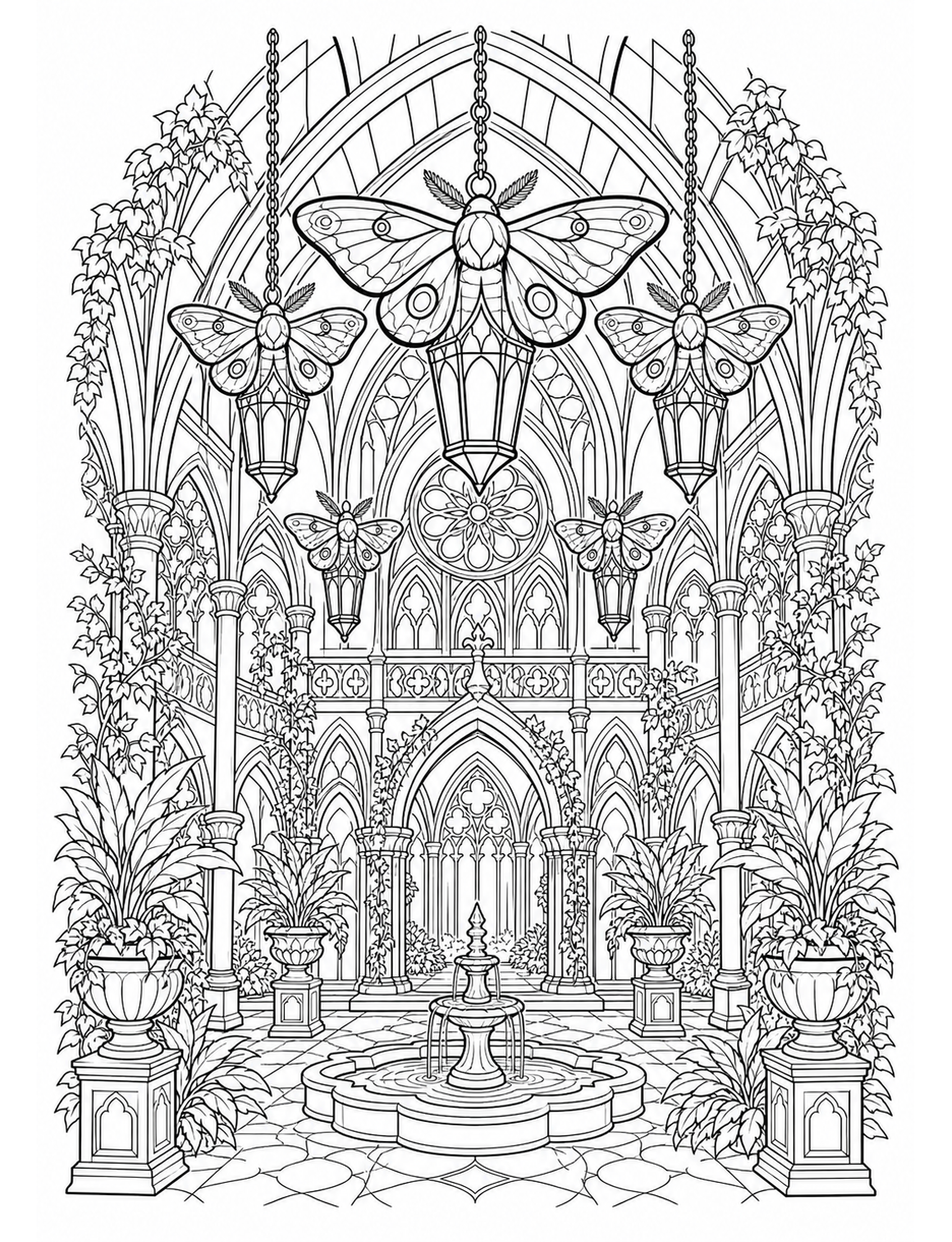 Gothic Atrium With Moth Lanterns printable coloring page from the adult coloring pages collection