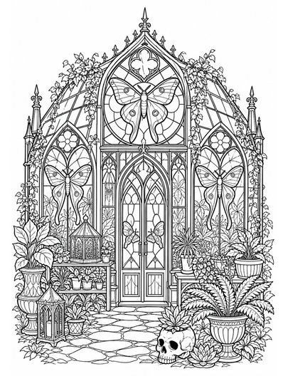Gothic Greenhouse With Moth Windows printable coloring page from the adult coloring pages collection