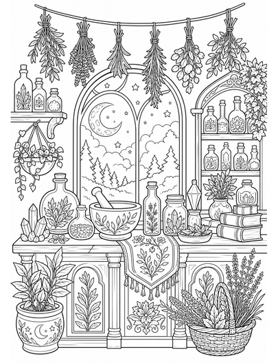 Moonlit Apothecary With Hanging Herbs printable coloring page from the adult coloring pages collection