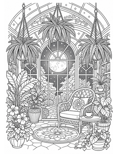Moonlit Conservatory With Hanging Ferns printable coloring page from the adult coloring pages collection