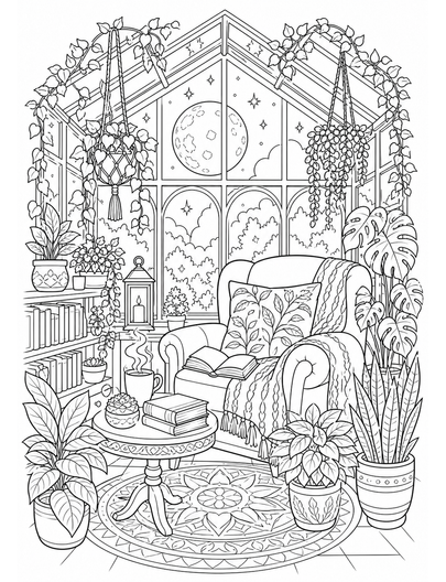 Moonlit Greenhouse Reading Nook printable coloring page from the adult coloring pages collection