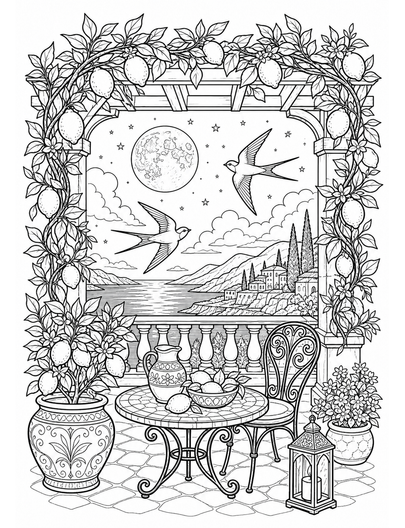 Moonlit Pergola With Lemons And Swallows printable coloring page from the adult coloring pages collection