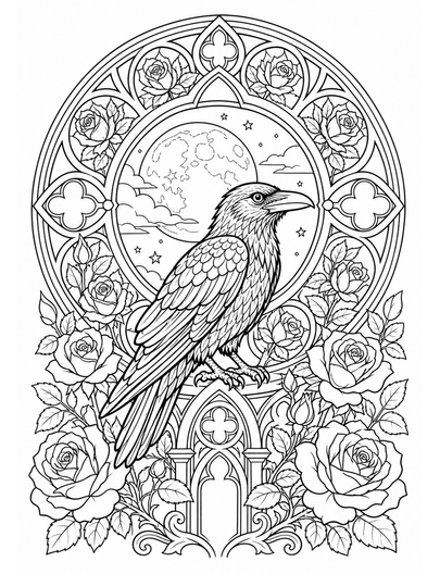 Moonlit Raven In A Rose Window printable coloring page from the adult coloring pages collection