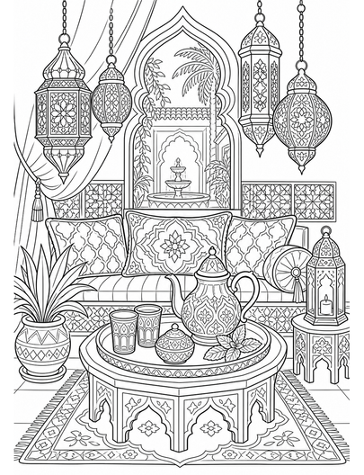 Moroccan Tea Room With Patterned Lanterns printable coloring page from the adult coloring pages collection