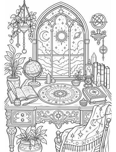 Ornate Astrology Desk By Arched Window printable coloring page from the adult coloring pages collection