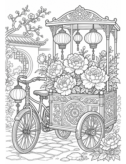 Ornate Bicycle Cart With Peonies And Lanterns printable coloring page from the adult coloring pages collection