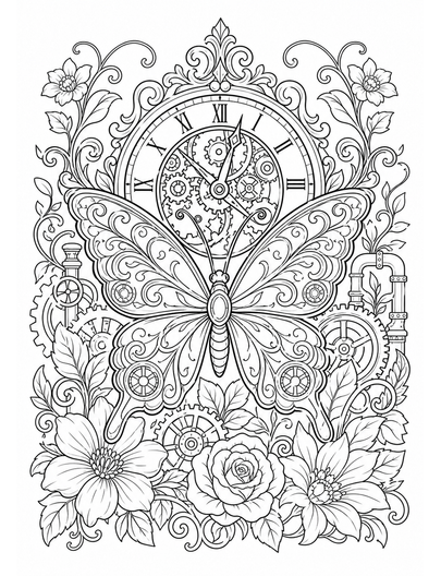 Ornate Butterfly Clockwork Garden printable coloring page from the adult coloring pages collection