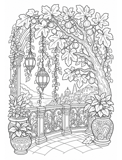 Ornate Fig Tree Balcony With Lantern Vines printable coloring page from the adult coloring pages collection