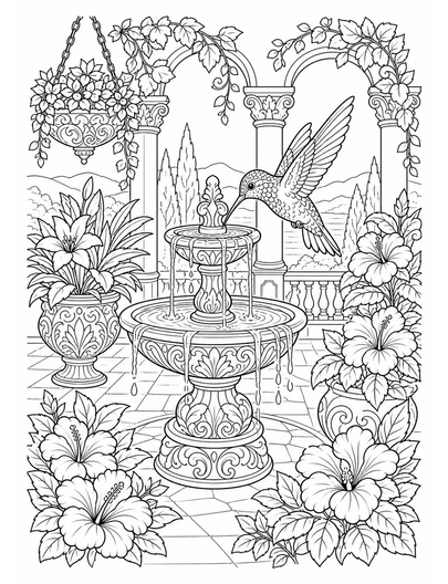 Ornate Hummingbird Fountain Veranda printable coloring page from the adult coloring pages collection