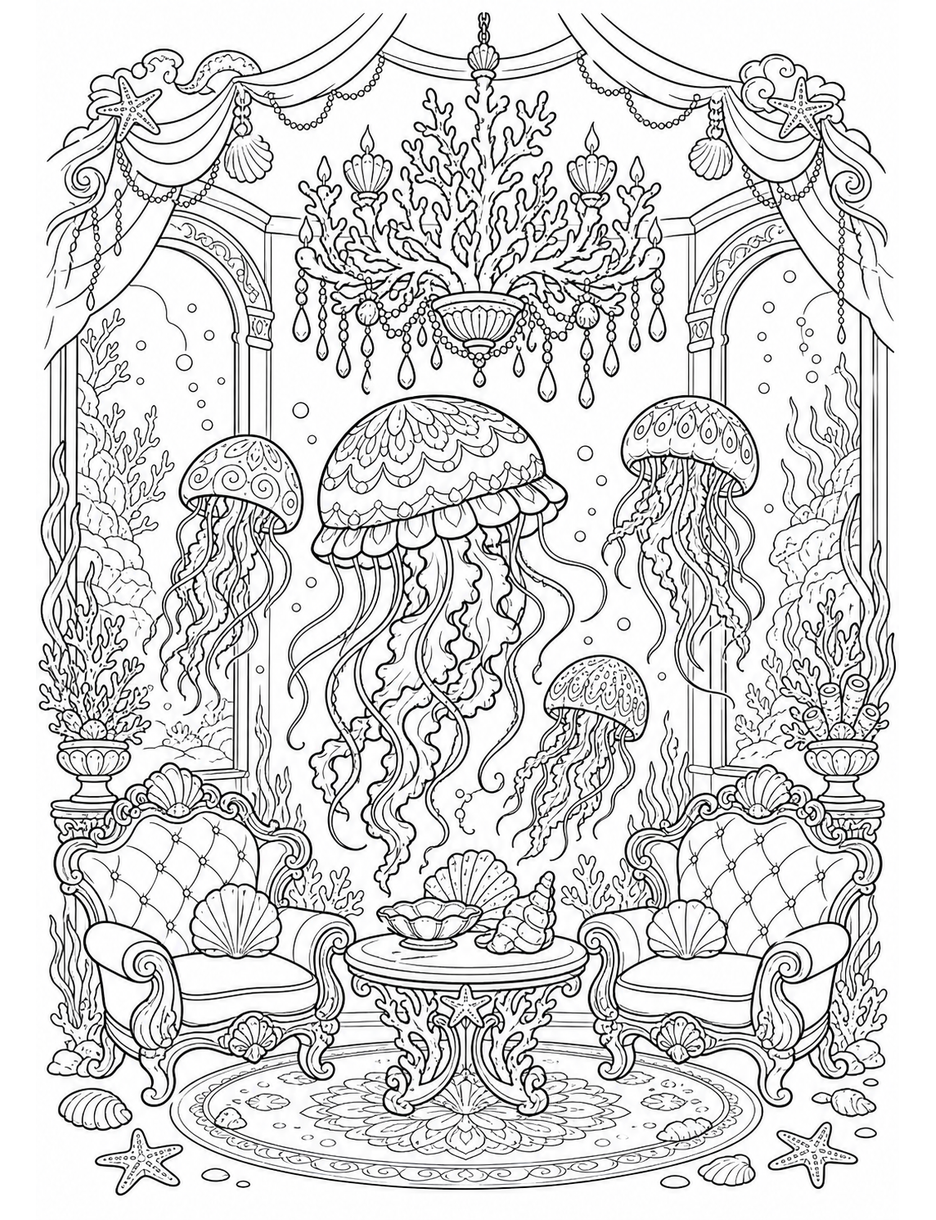 Ornate Jellyfish Parlor With Coral Chandelier printable coloring page from the adult coloring pages collection