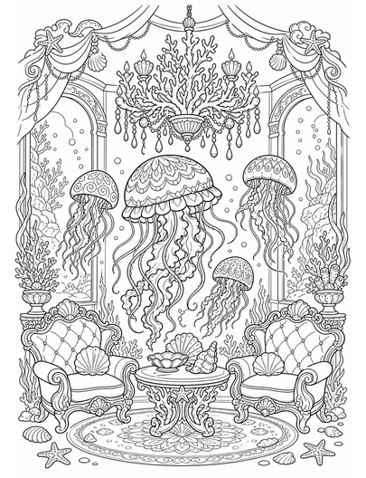 Ornate Jellyfish Parlor With Coral Chandelier printable coloring page from the adult coloring pages collection
