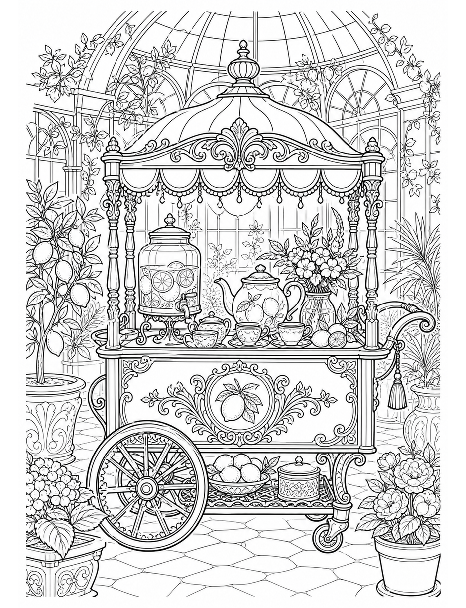 Ornate Lemon Tea Cart In A Glasshouse printable coloring page from the adult coloring pages collection