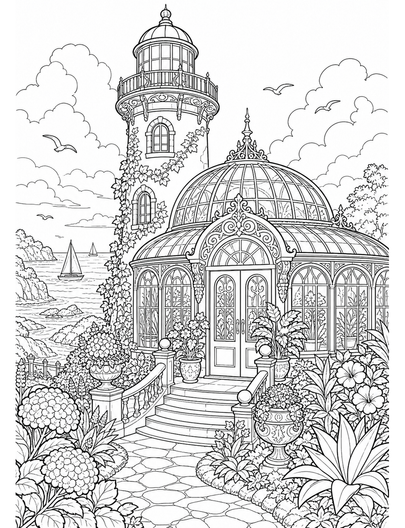 Ornate Lighthouse Conservatory By The Sea printable coloring page from the adult coloring pages collection