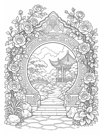 Ornate Moon Gate With Climbing Roses printable coloring page from the adult coloring pages collection