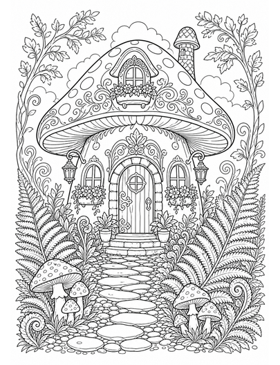 Ornate Mushroom Cottage With Fern Path printable coloring page from the adult coloring pages collection
