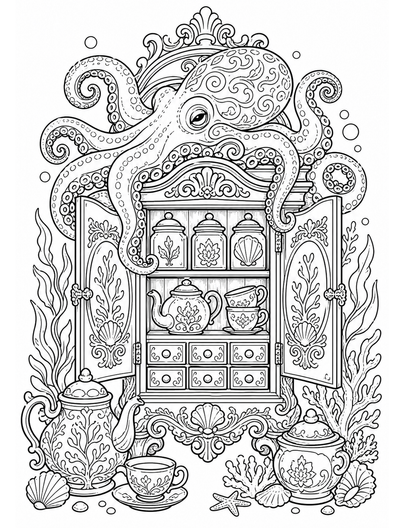 Ornate Octopus Tea Cabinet printable coloring page from the adult coloring pages collection