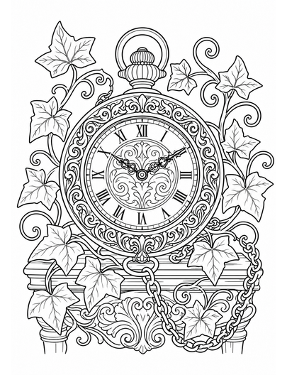 Ornate Pocket Watch With Ivy Scrollwork printable coloring page from the adult coloring pages collection