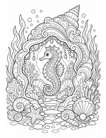 Ornate Seahorse Shell Grotto printable coloring page from the adult coloring pages collection