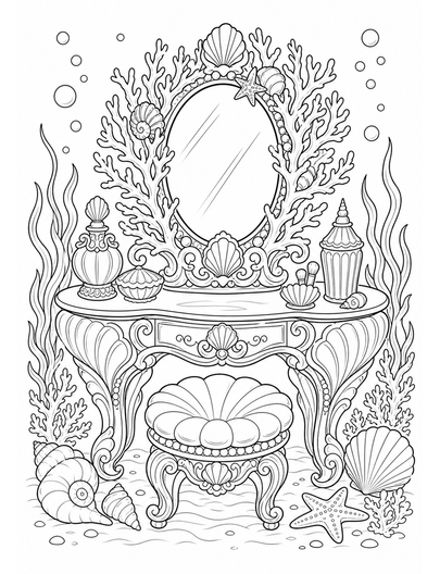 Ornate Seashell Vanity With Coral Mirror printable coloring page from the adult coloring pages collection
