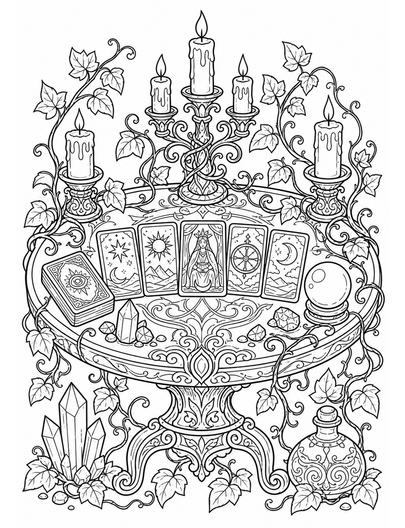Ornate Tarot Table With Candle Vines printable coloring page from the adult coloring pages collection
