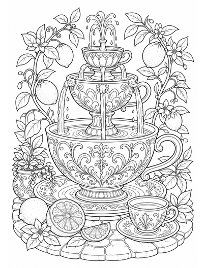 Ornate Teacup Fountain With Citrus Vines printable coloring page from the adult coloring pages collection