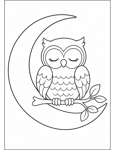 Peaceful Owl On A Crescent Moon Branch printable coloring page from the adult coloring pages collection