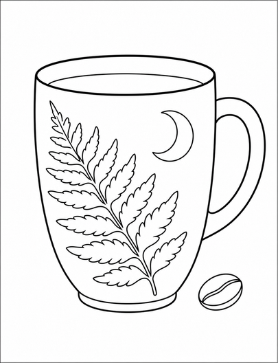 Simple Moonlit Coffee Mug With Fern Leaf printable coloring page from the adult coloring pages collection