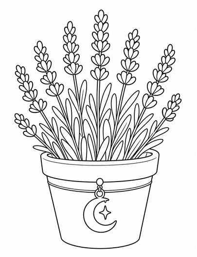 Simple Potted Lavender With Moon Charm printable coloring page from the adult coloring pages collection