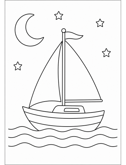 Simple Sailboat On Calm Waves At Night printable coloring page from the adult coloring pages collection