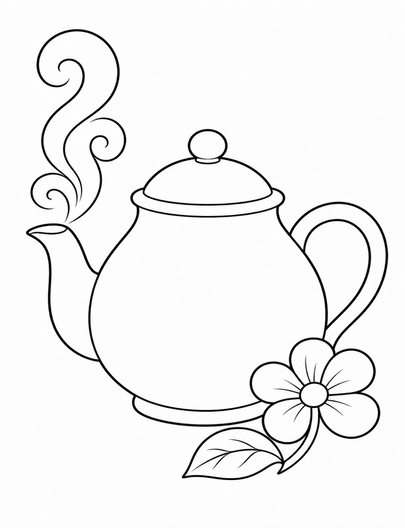 Simple Teapot With Steam And Single Flower printable coloring page from the adult coloring pages collection