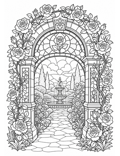 Stained Glass Rose Garden Archway printable coloring page from the adult coloring pages collection